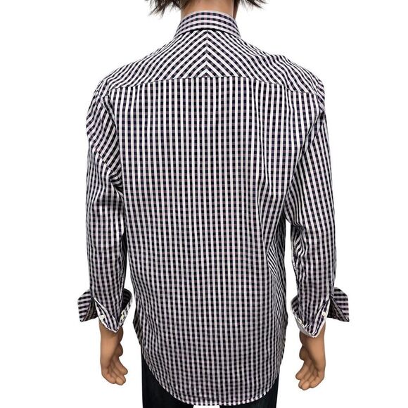 JOHNSTON & MURPHY Dress Shirt Sz M Tailored fit Contrast Flip Cuff Gingham check - Picture 9 of 12